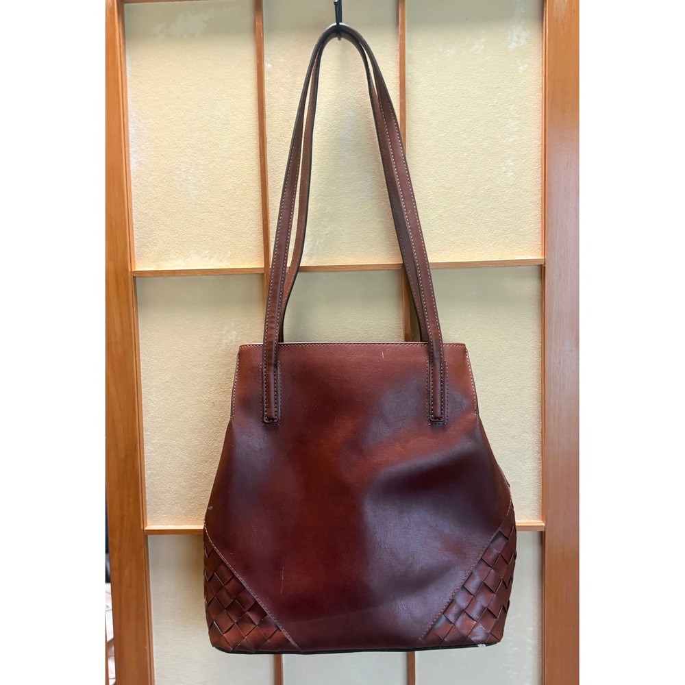 Nine West Brown Leather Woven Detail Shoulder Bag Tote with Logo Charm